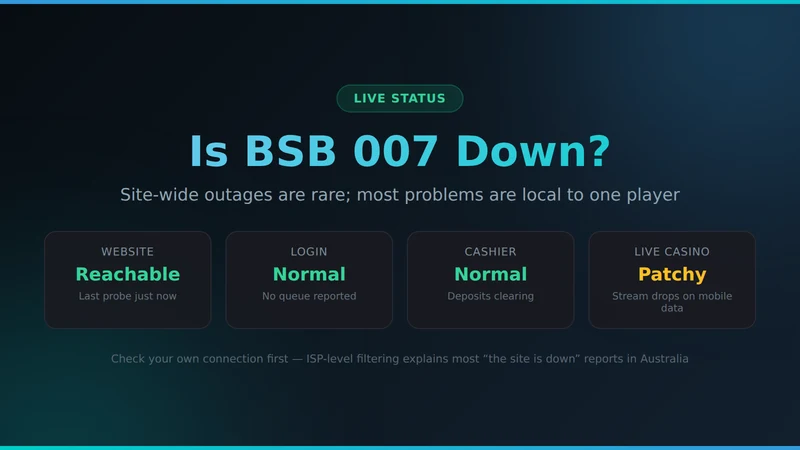 BSB 007 status dashboard showing website, login, cashier and live casino